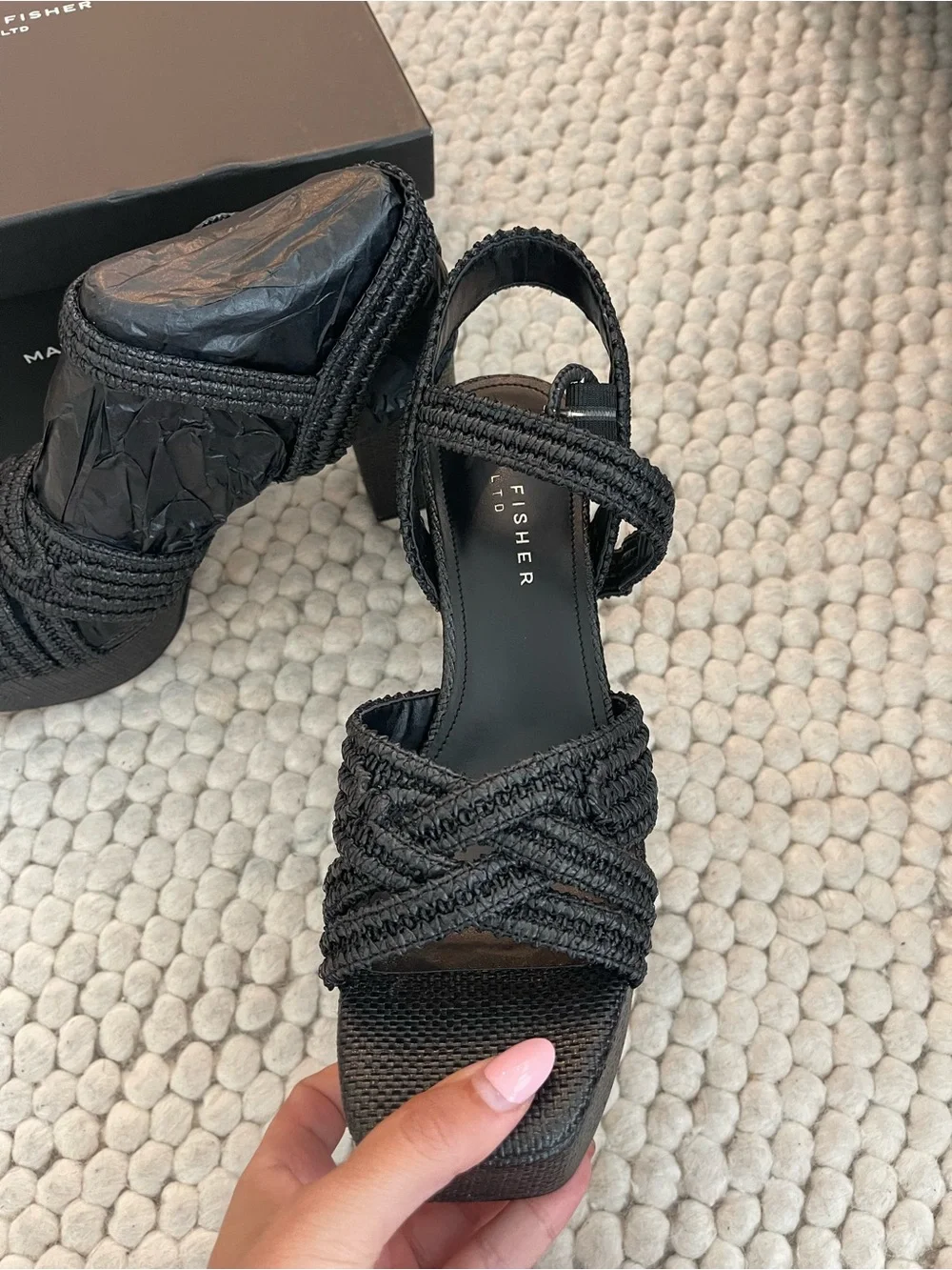 Marc Fisher Cheese Black Braided Platform Sandals
